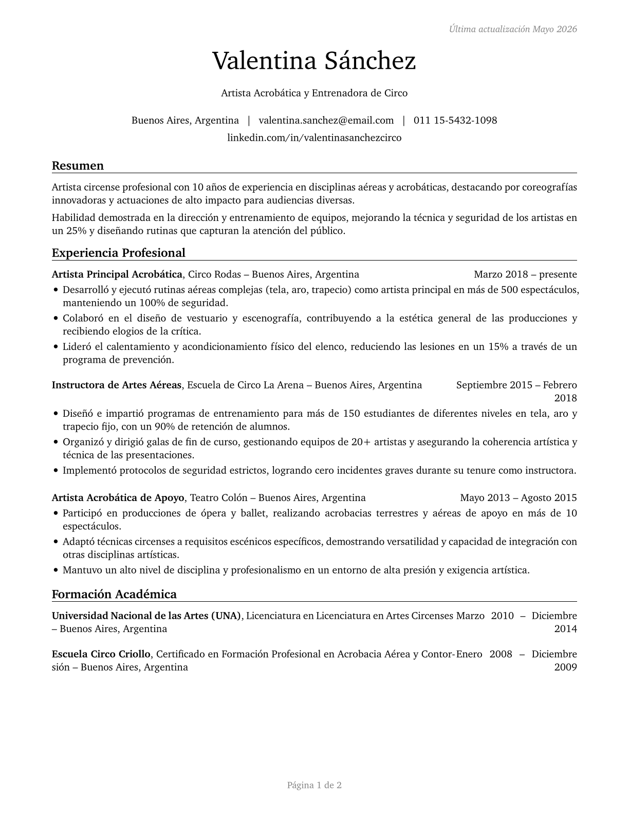 Entertainers and Performers, Sports and Related Workers, All Other CV in Spanish — page 1