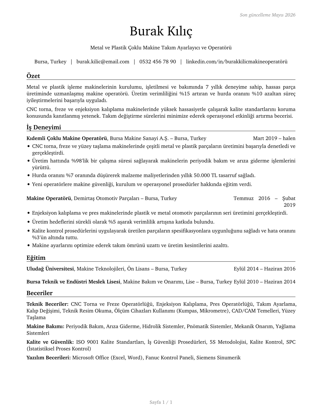 Multiple Machine Tool Setters, Operators, and Tenders, Metal and Plastic CV in Turkish — page 1