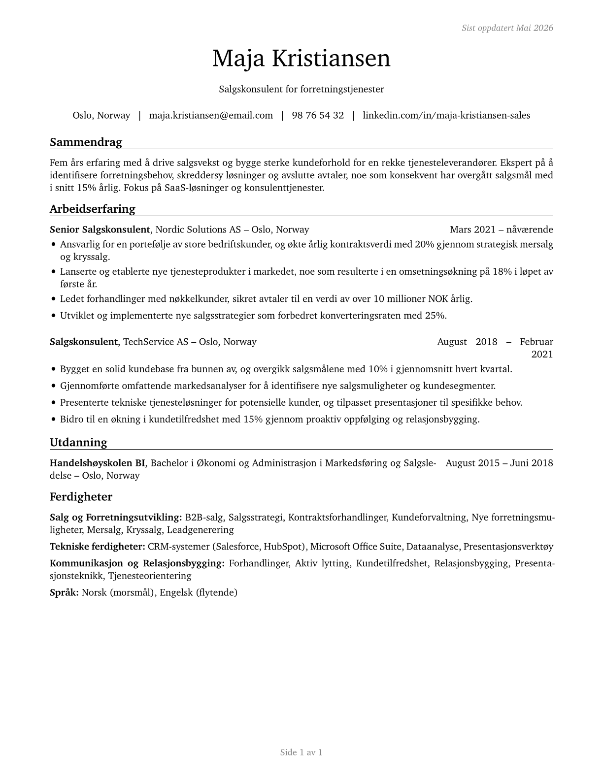 Sales Representatives of Services, Except Advertising, Insurance, Financial Services, and Travel CV in Norwegian_bokmal — page 1