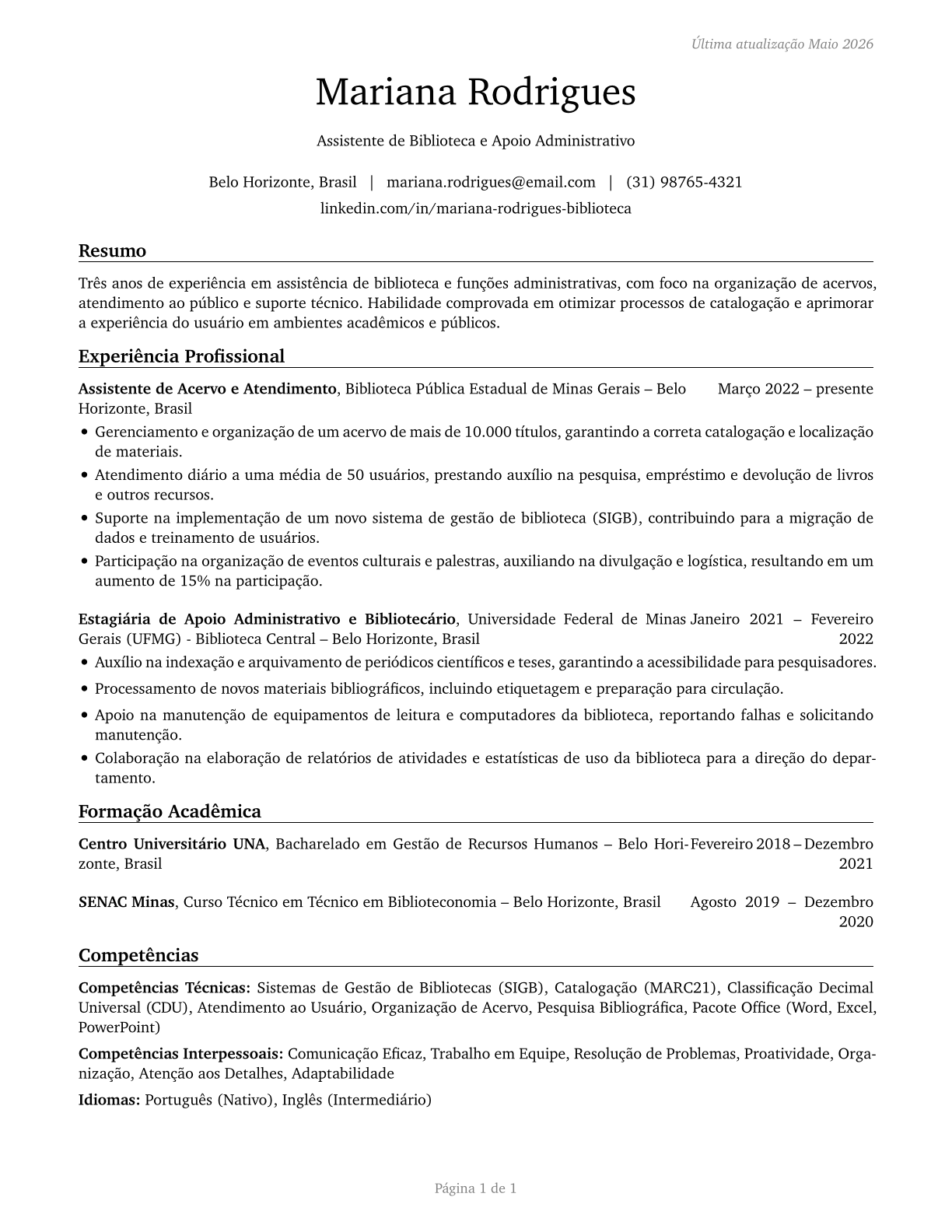 Library Assistants, Clerical CV in Portuguese — page 1