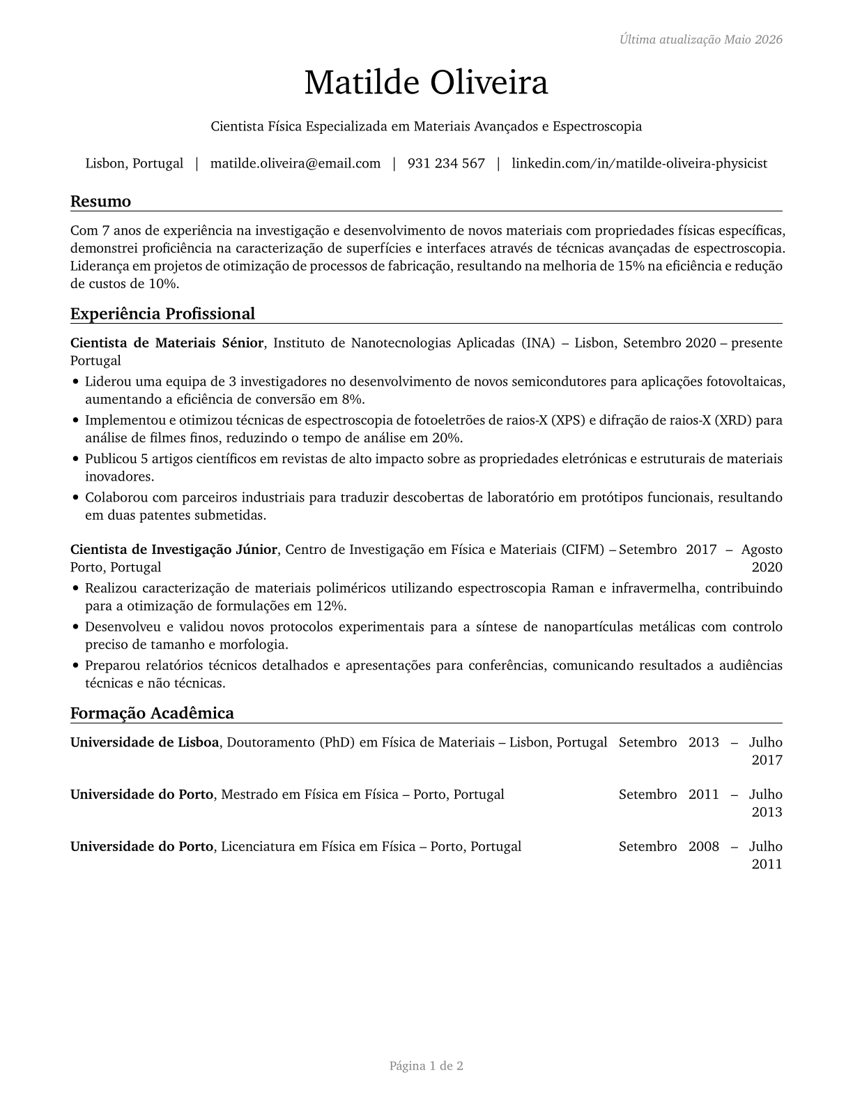 Physical Scientists, All Other CV in Portuguese — page 1
