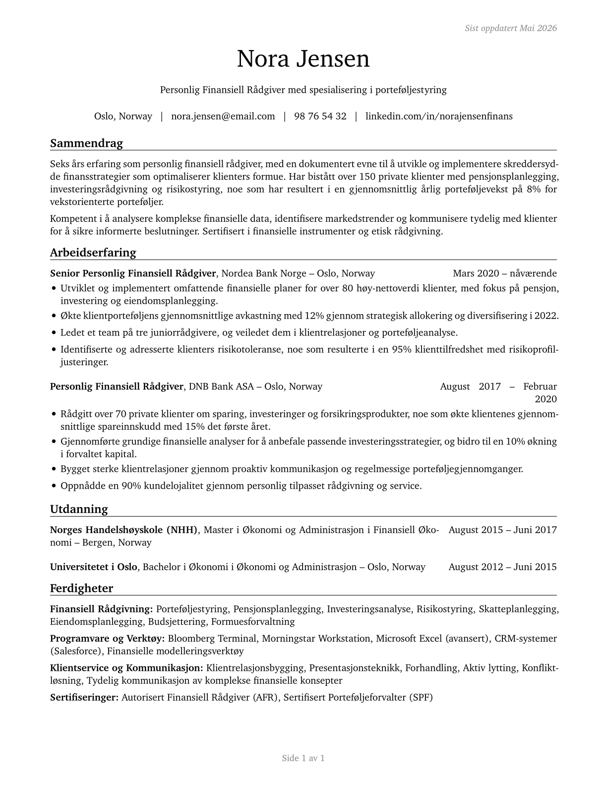 Personal Financial Advisors CV in Norwegian_bokmal — page 1