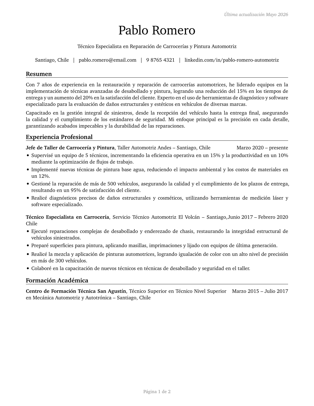 Automotive Body and Related Repairers CV in Spanish — page 1