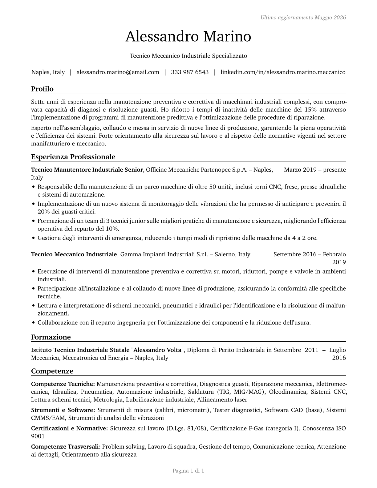 Industrial Machinery Mechanics CV in Italian — page 1