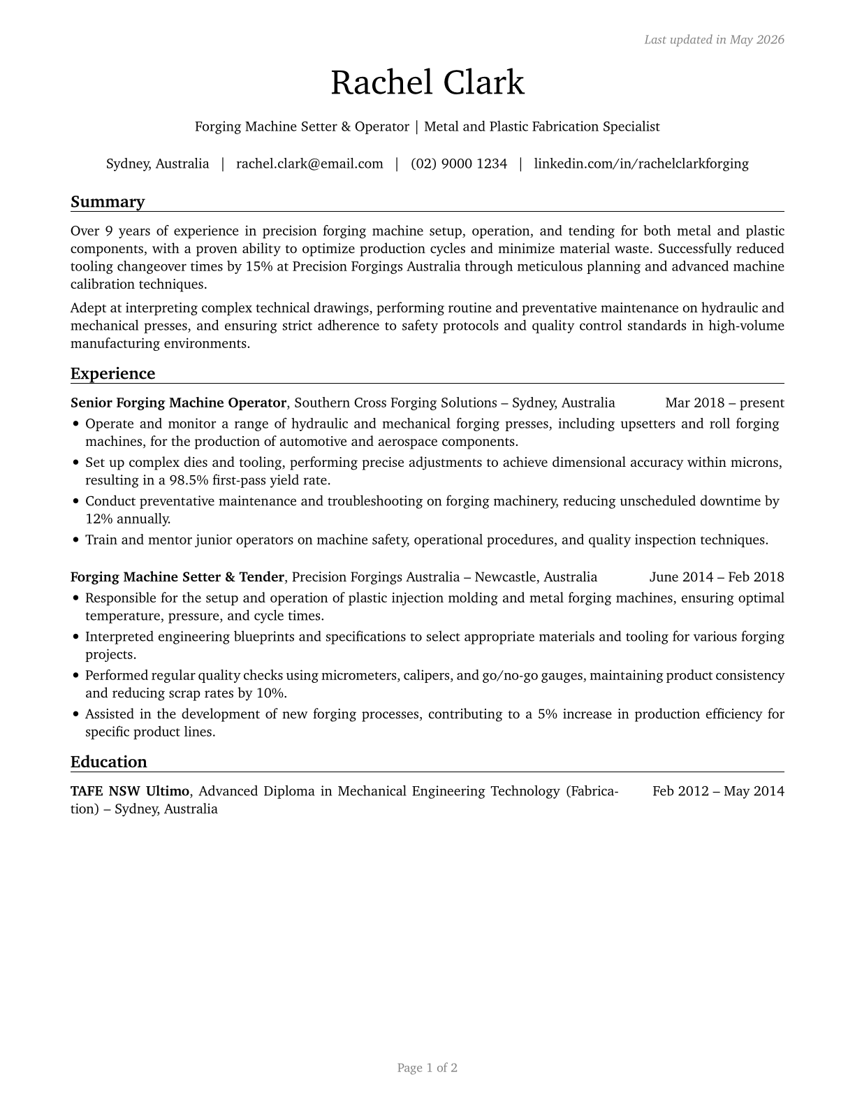 Forging Machine Setters, Operators, and Tenders, Metal and Plastic CV in English — page 1