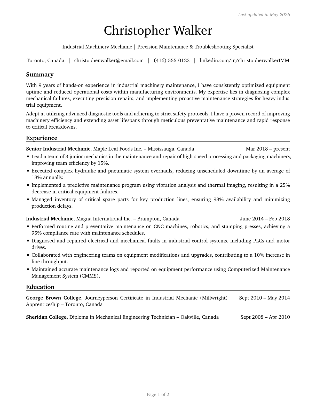 Industrial Machinery Mechanics CV in English — page 1