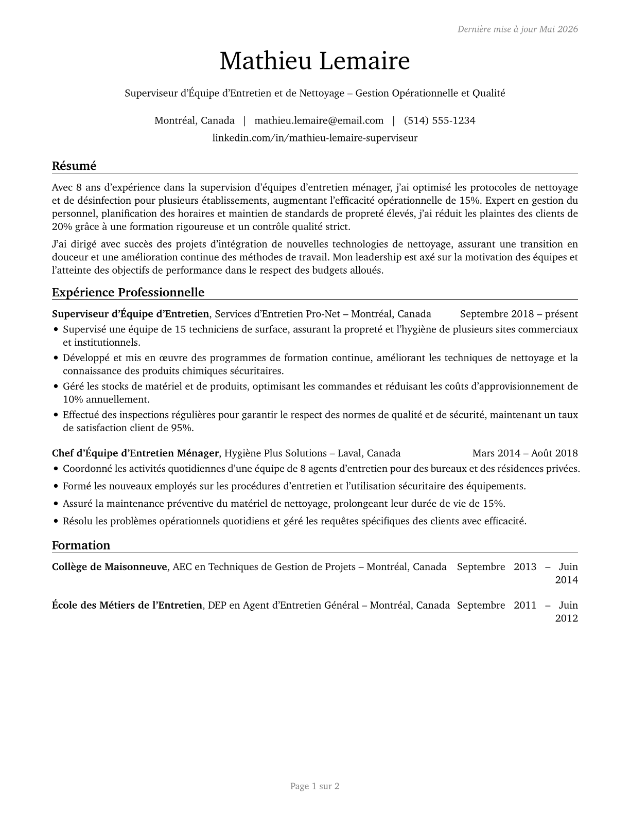 First-Line Supervisors of Housekeeping and Janitorial Workers CV in French — page 1