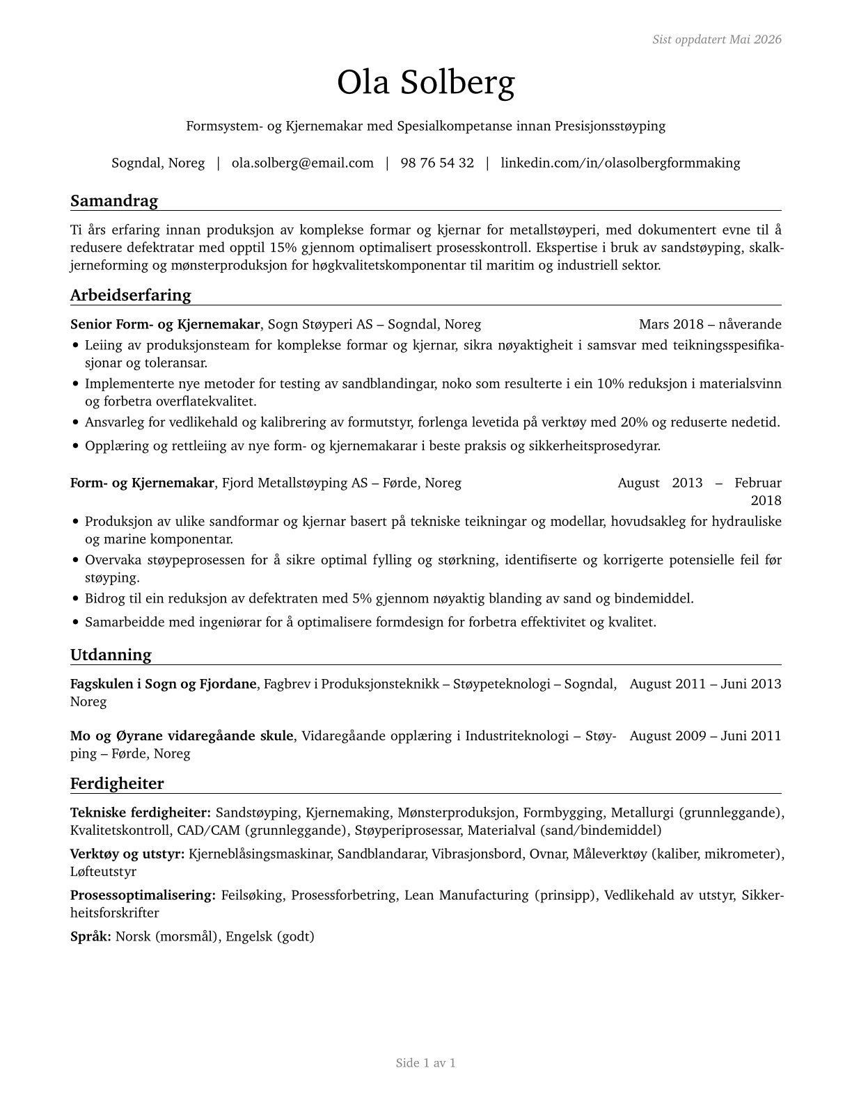 Foundry Mold and Coremakers CV in Norwegian_nynorsk — page 1