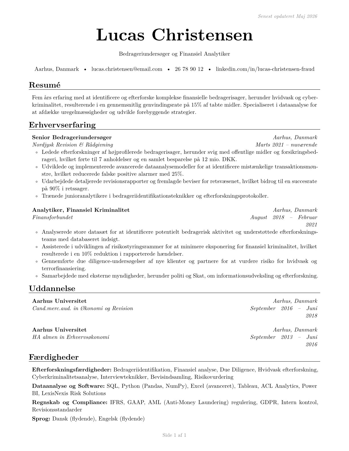 Fraud Examiners, Investigators and Analysts CV in Danish — page 1