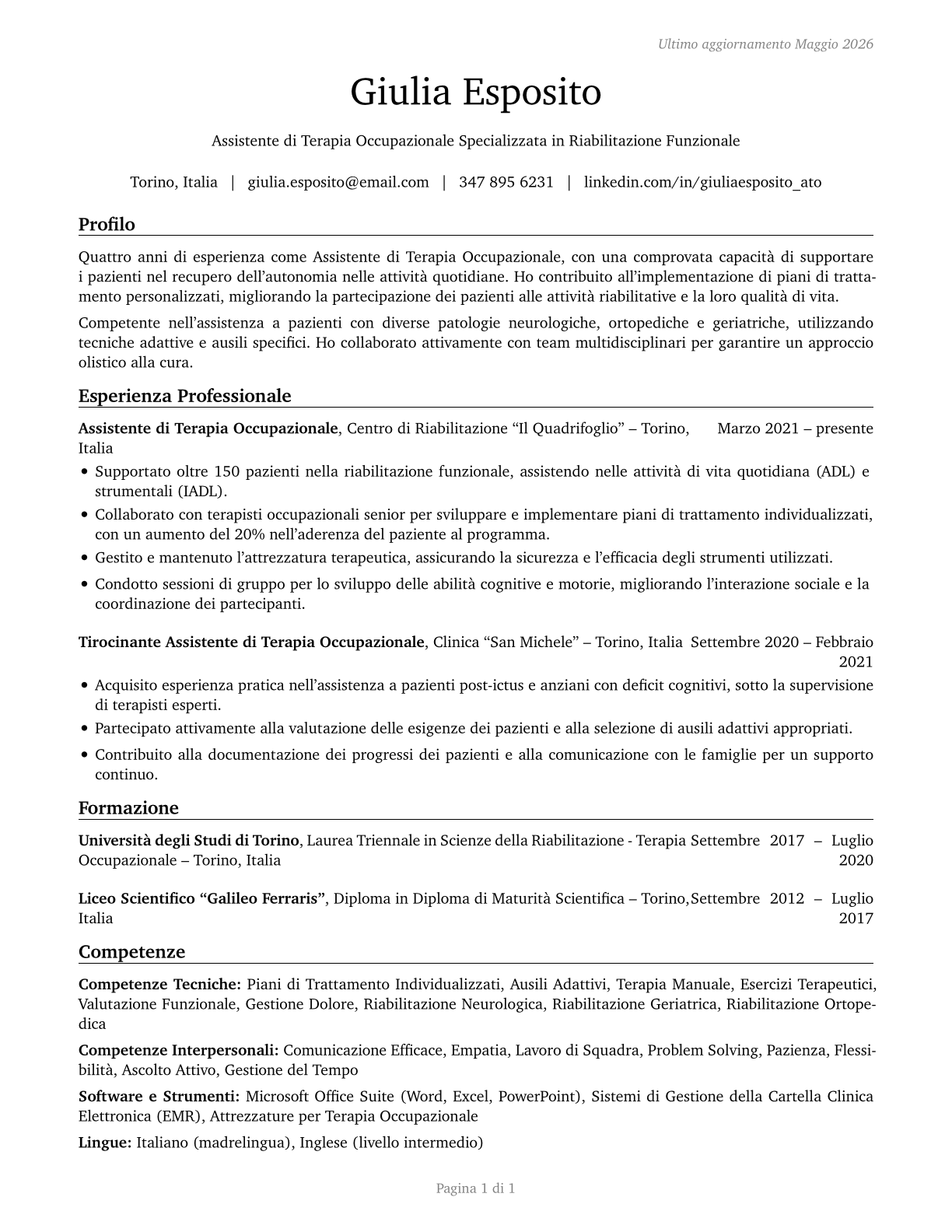 Occupational Therapy Aides CV in Italian — page 1