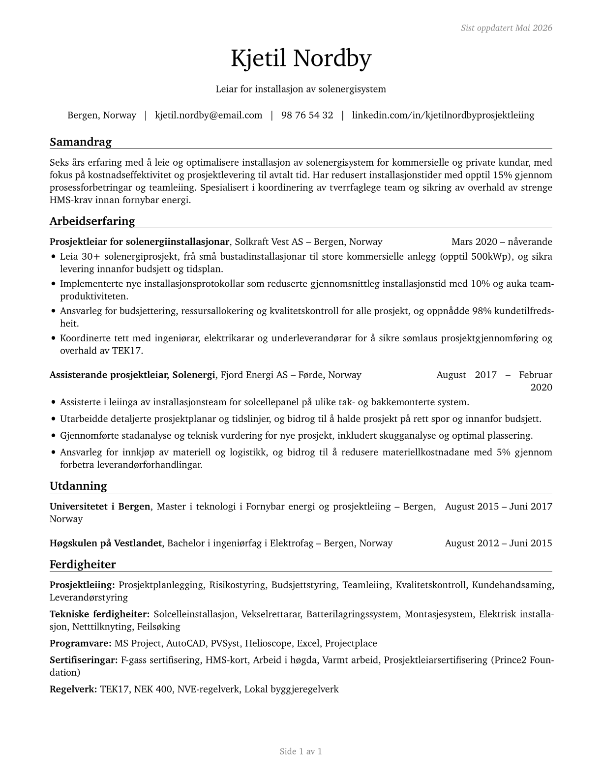 Solar Energy Installation Managers CV in Norwegian_nynorsk — page 1