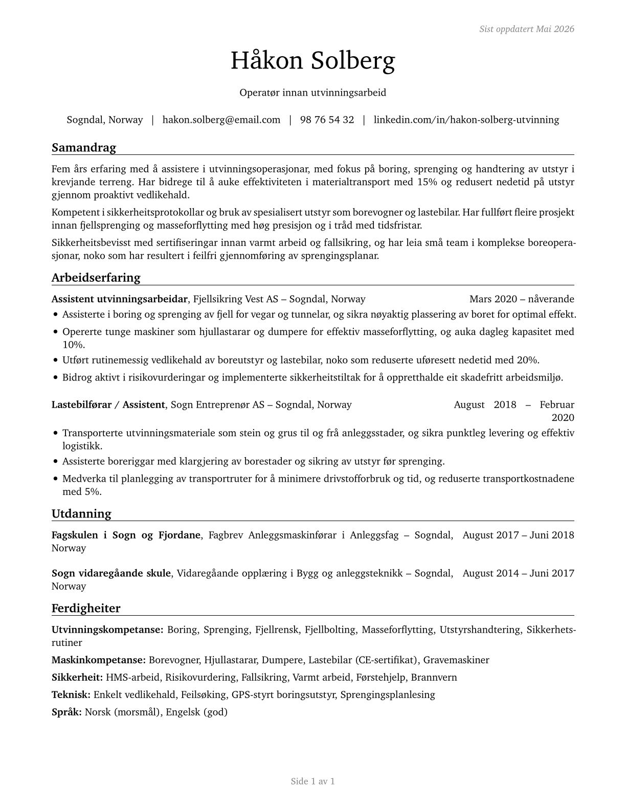 Helpers--Extraction Workers CV in Norwegian_nynorsk — page 1