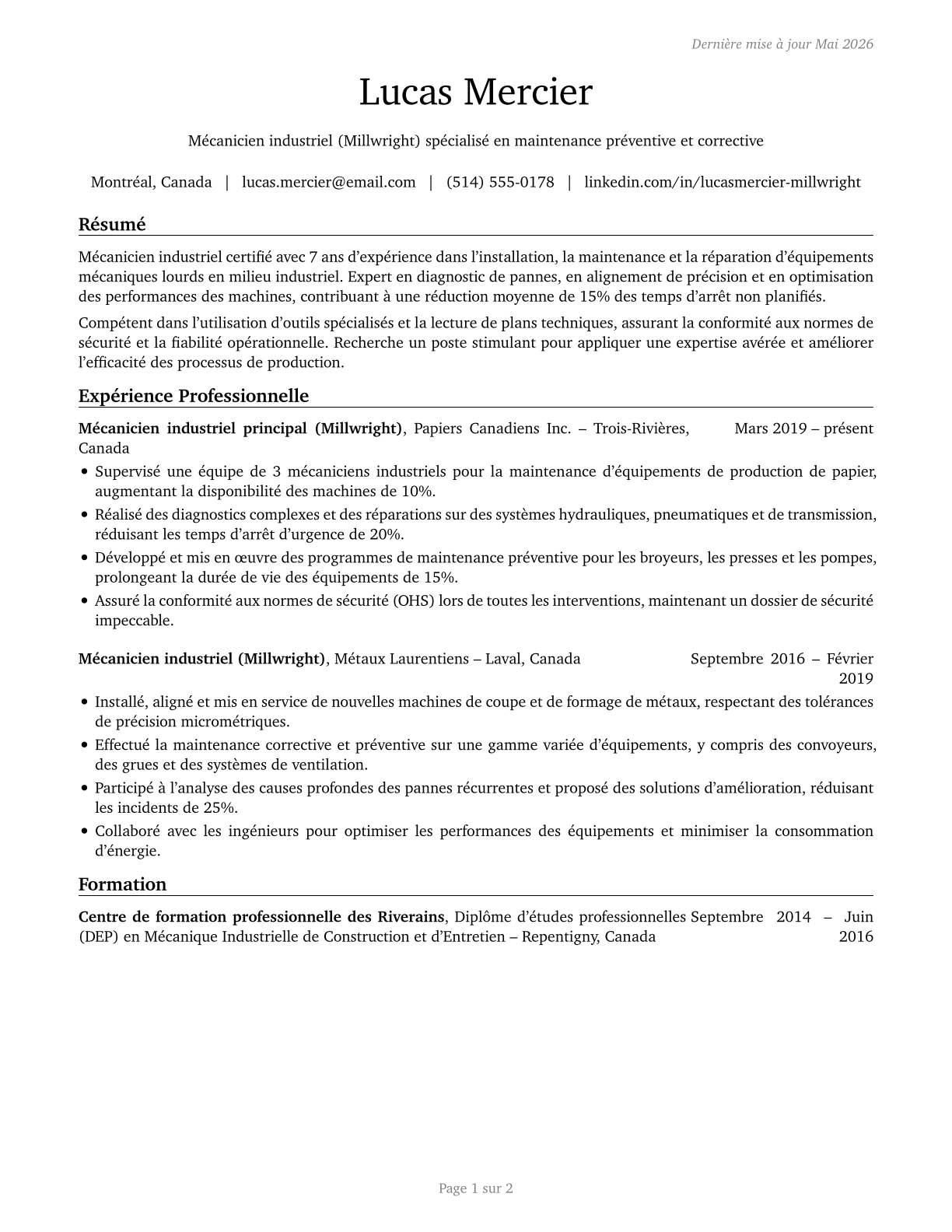Millwrights CV in French — page 1