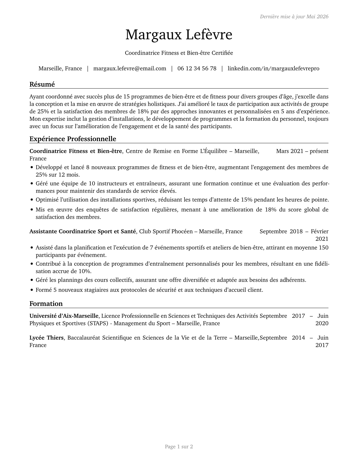 Fitness and Wellness Coordinators CV in French — page 1
