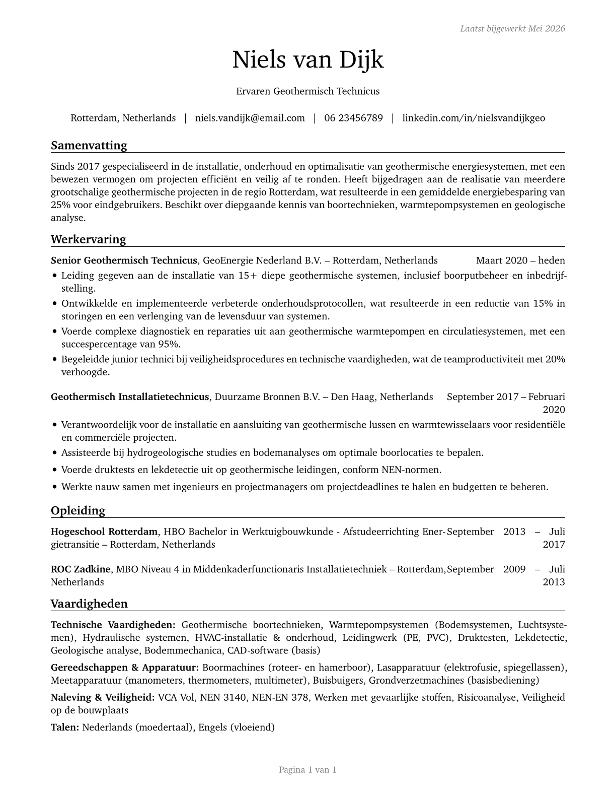 Geothermal Technicians CV in Dutch — page 1