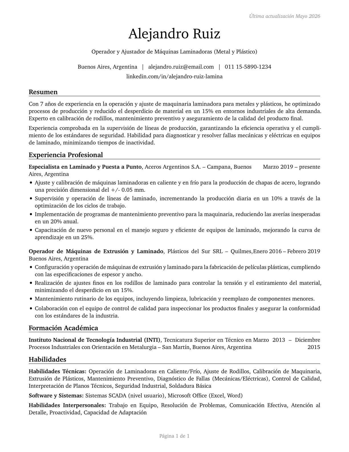 Rolling Machine Setters, Operators, and Tenders, Metal and Plastic CV in Spanish — page 1