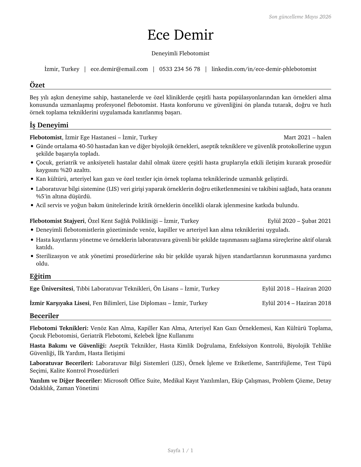 Phlebotomists CV in Turkish — page 1