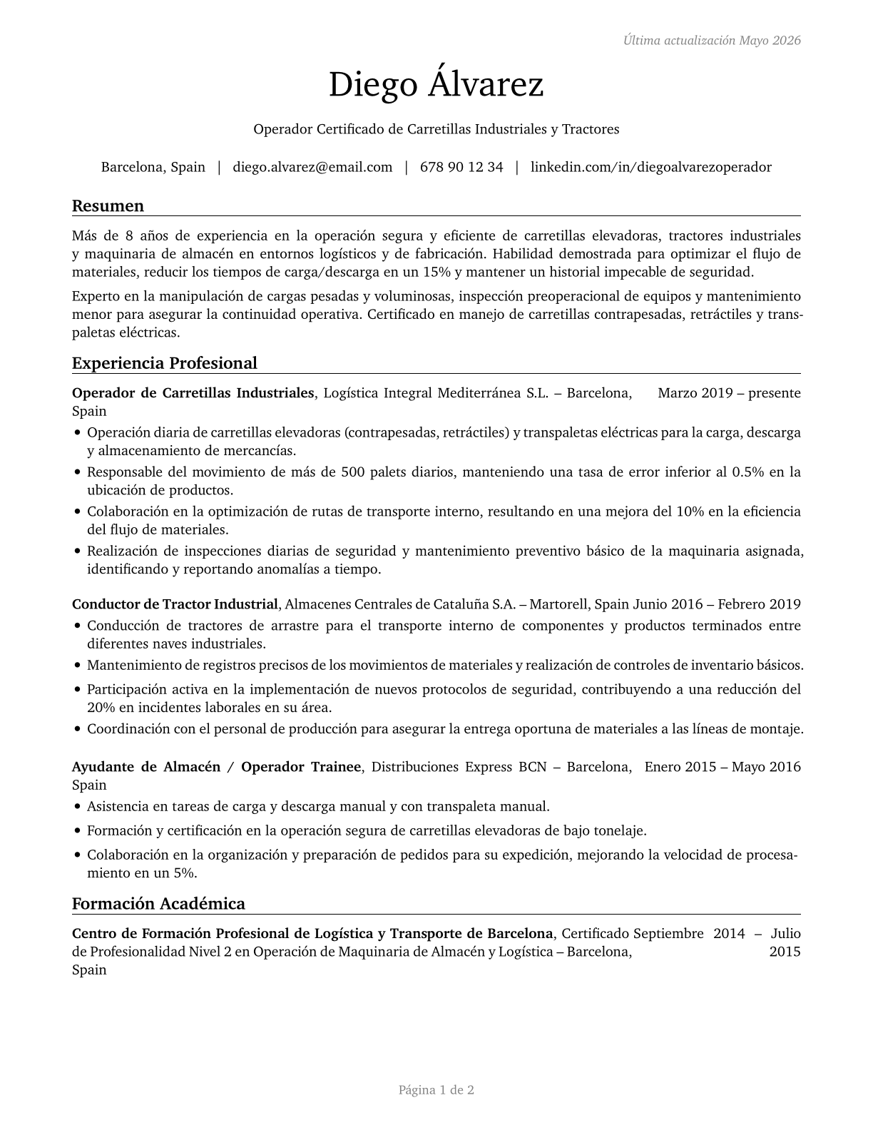 Industrial Truck and Tractor Operators CV in Spanish — page 1