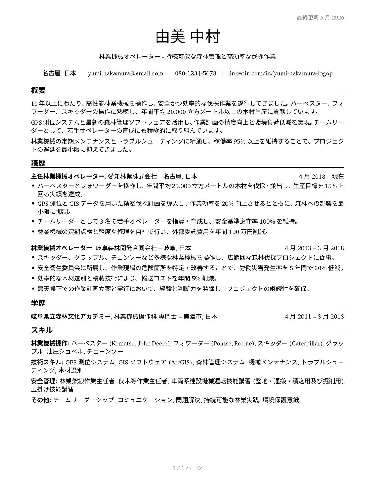 Logging Equipment Operators CV in Japanese — page 1