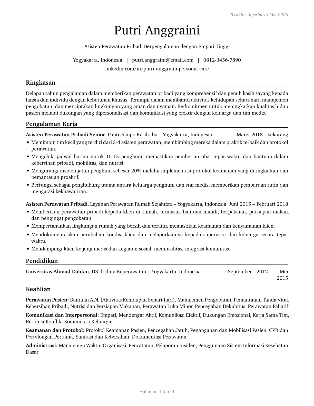 Personal Care Aides CV in Indonesian — page 1