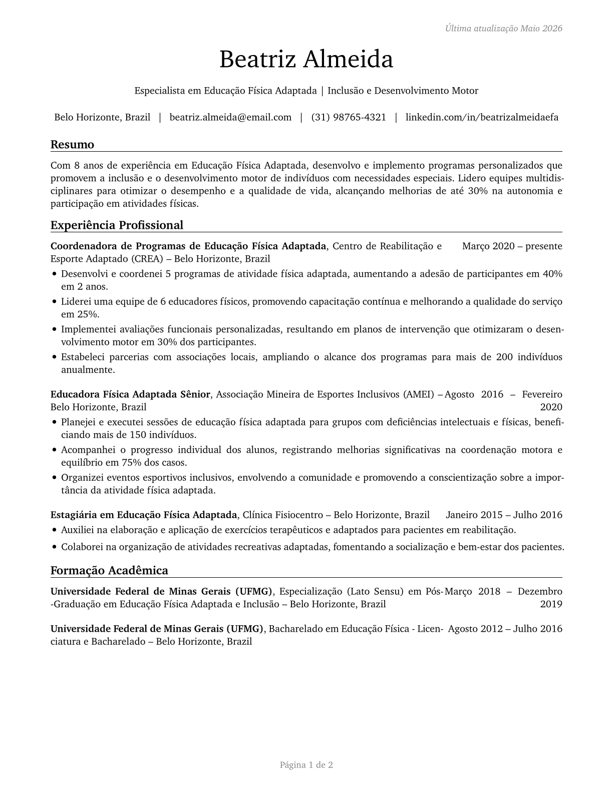 Adapted Physical Education Specialists CV in Portuguese — page 1