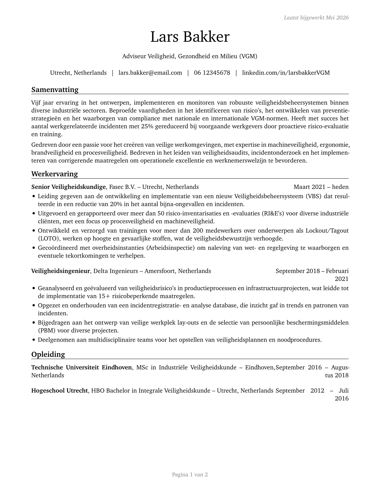 Health and Safety Engineers, Except Mining Safety Engineers and Inspectors CV in Dutch — page 1