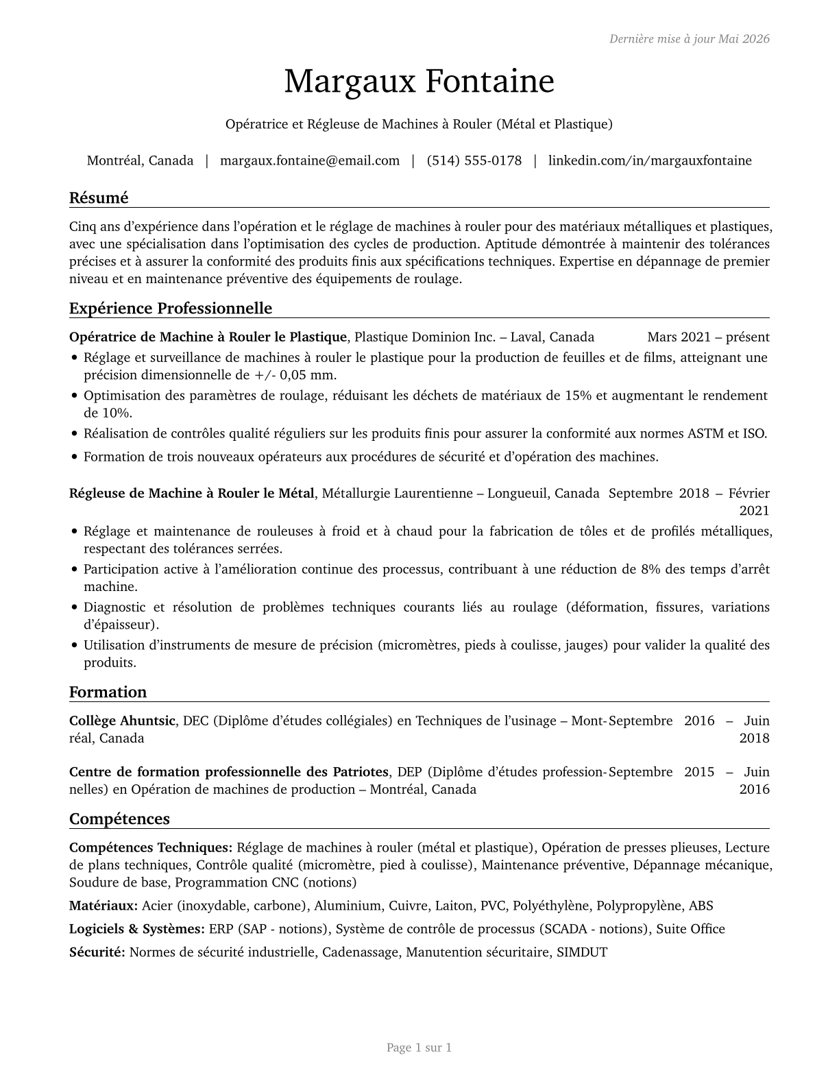 Rolling Machine Setters, Operators, and Tenders, Metal and Plastic CV in French — page 1