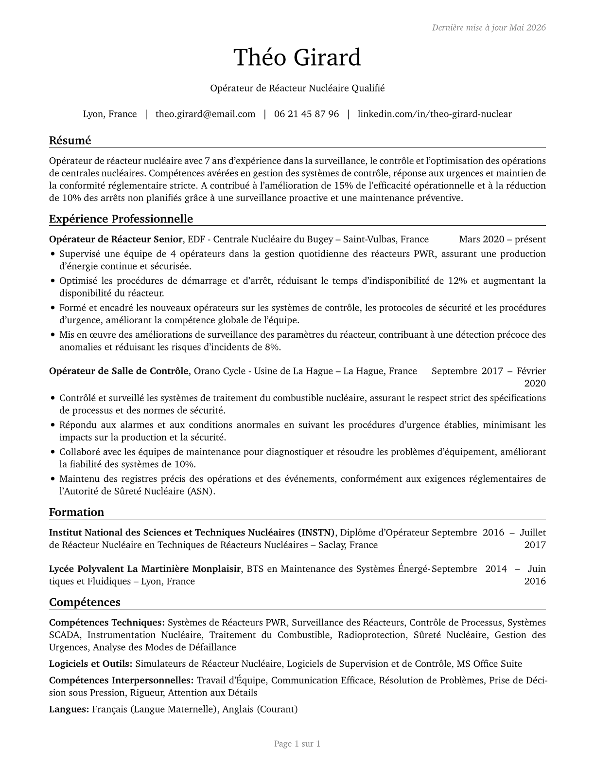 Nuclear Power Reactor Operators CV in French — page 1