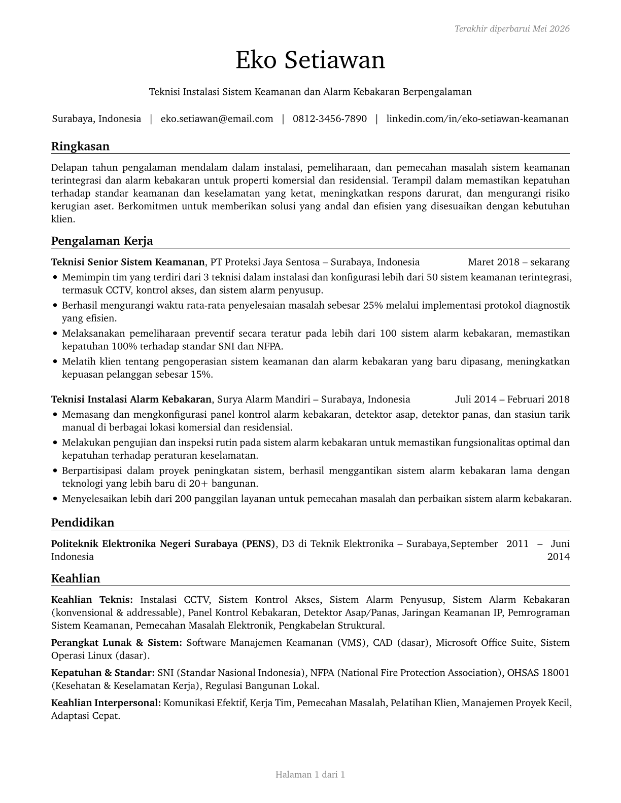 Security and Fire Alarm Systems Installers CV in Indonesian — page 1
