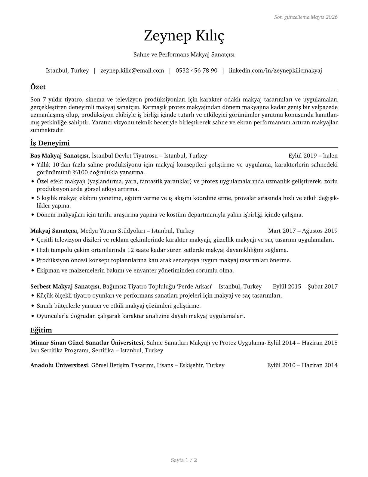 Makeup Artists, Theatrical and Performance CV in Turkish — page 1