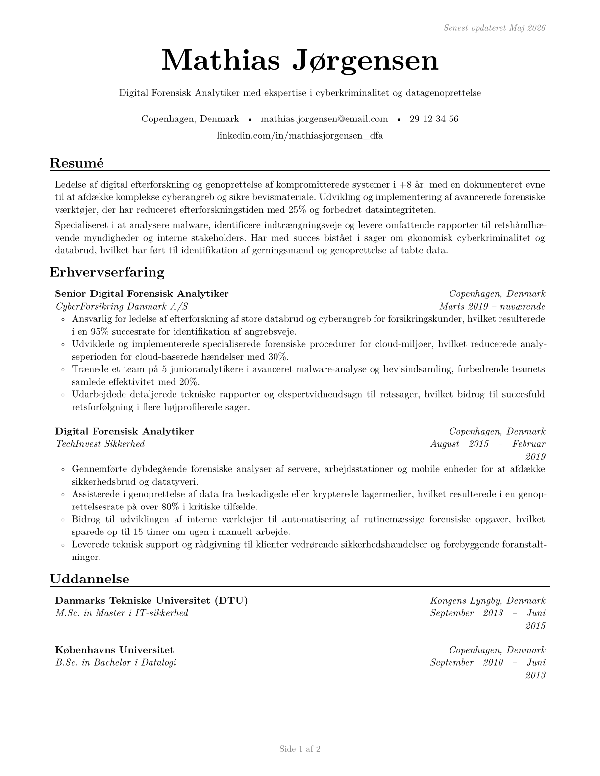 Digital Forensics Analysts CV in Danish — page 1
