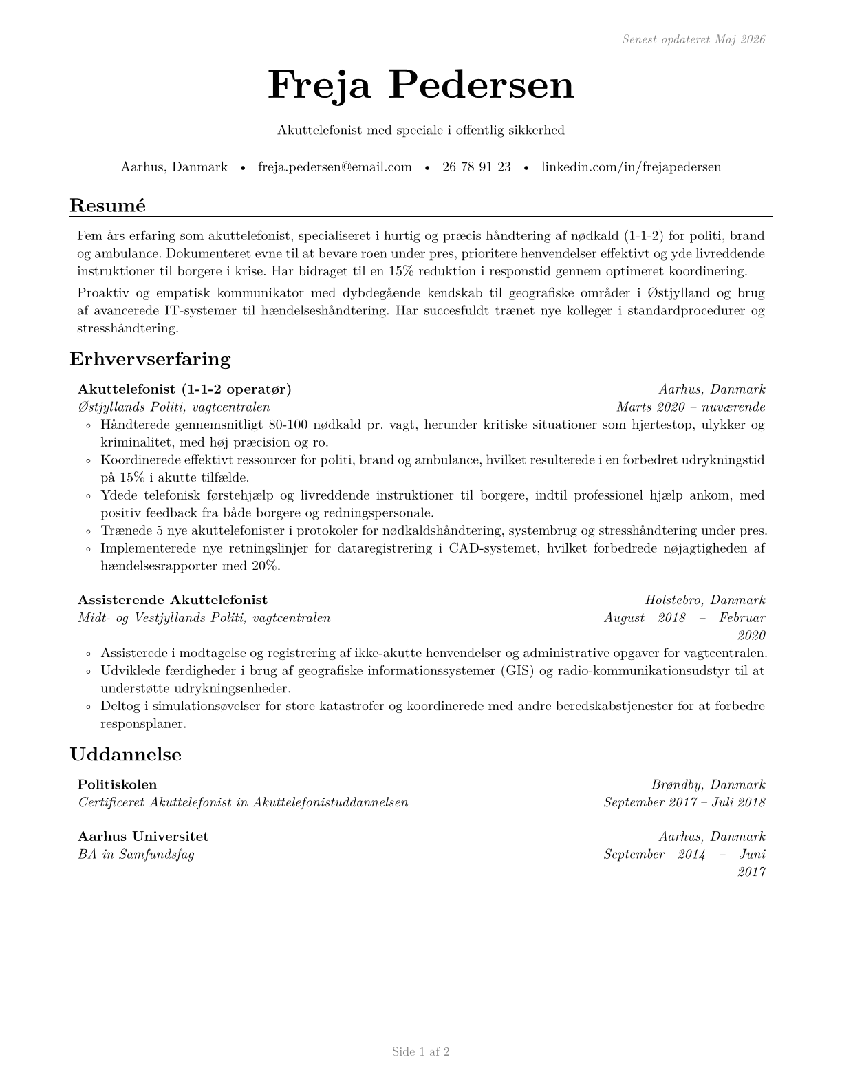 Public Safety Telecommunicators CV in Danish — page 1