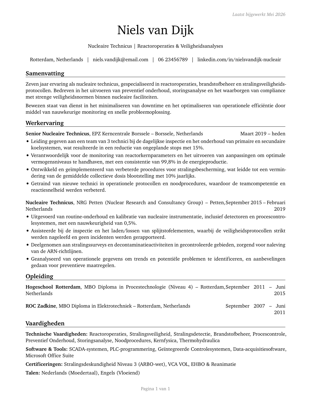 Nuclear Technicians CV in Dutch — page 1