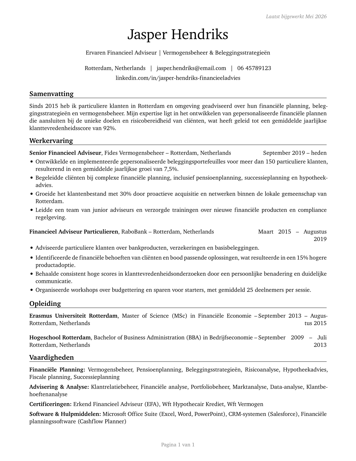 Personal Financial Advisors CV in Dutch — page 1