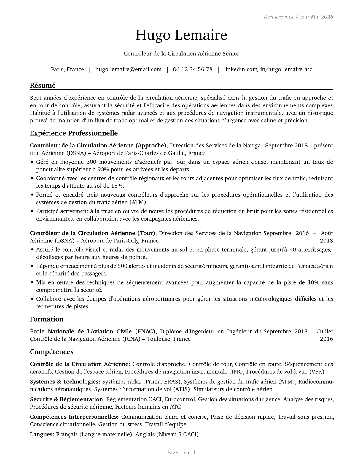 Air Traffic Controllers CV in French — page 1