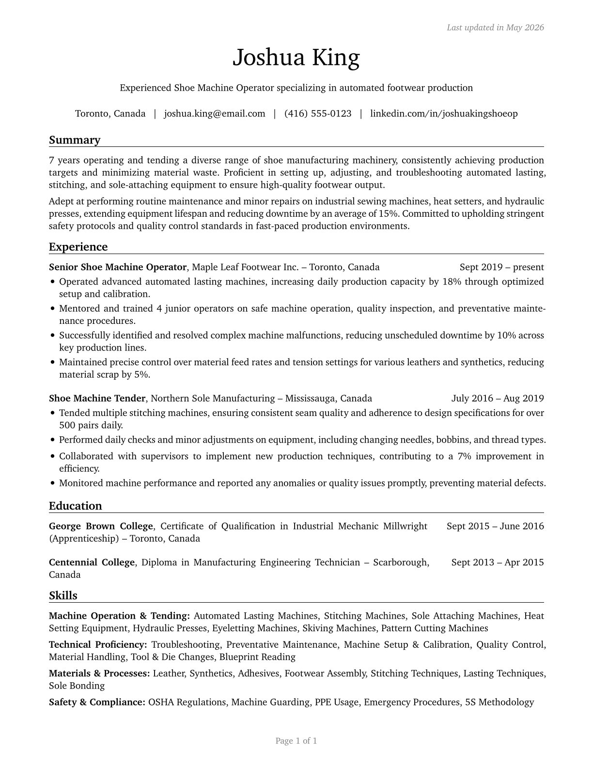 Shoe Machine Operators and Tenders CV in English — page 1