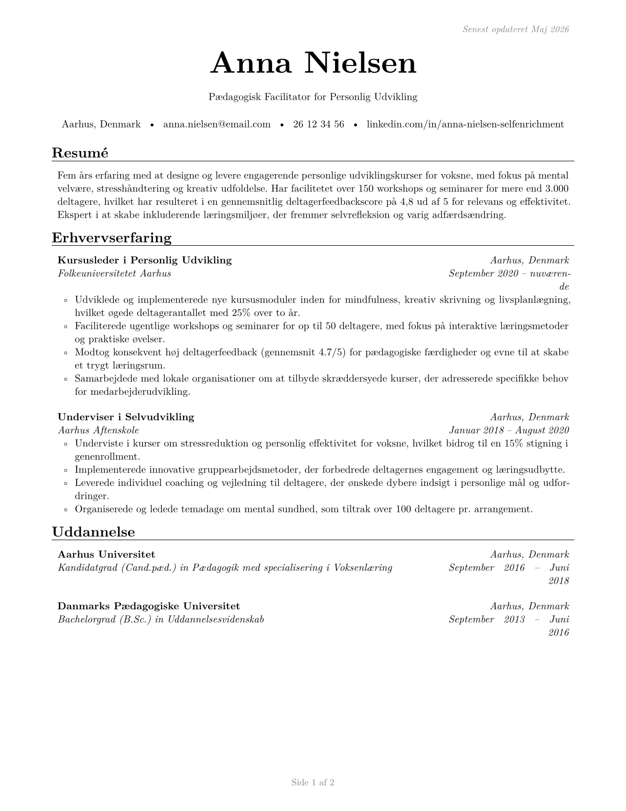 Self-Enrichment Teachers CV in Danish — page 1