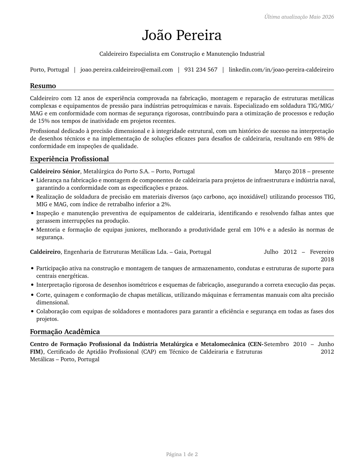 Boilermakers CV in Portuguese — page 1