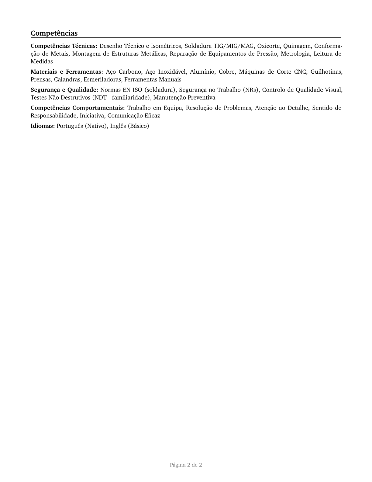 Boilermakers CV in Portuguese — page 2
