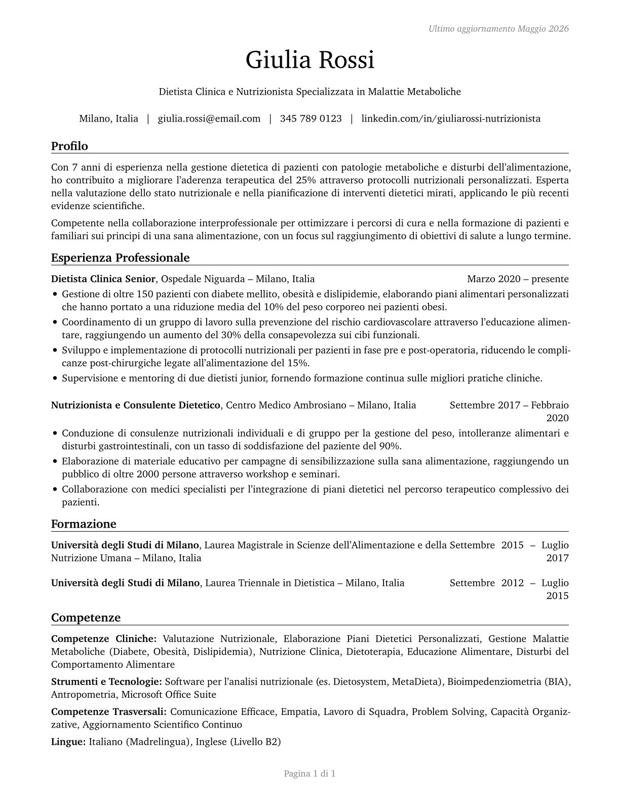Dietitians and Nutritionists CV in Italian — page 1
