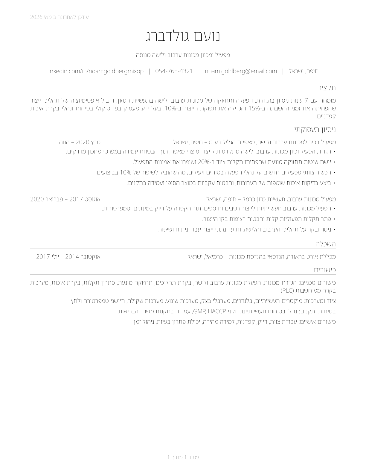 Mixing and Blending Machine Setters, Operators, and Tenders CV in Hebrew — page 1