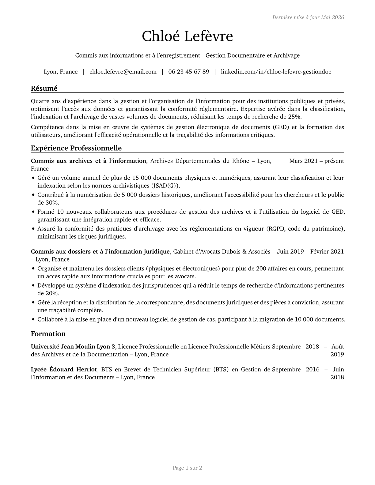 Information and Record Clerks, All Other CV in French — page 1