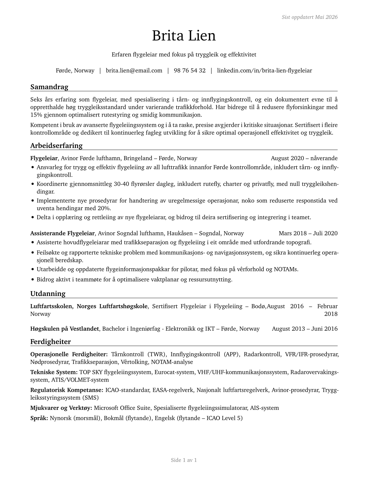 Air Traffic Controllers CV in Norwegian_nynorsk — page 1