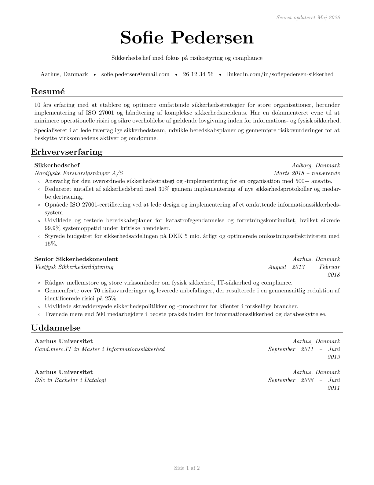 Security Managers CV in Danish — page 1