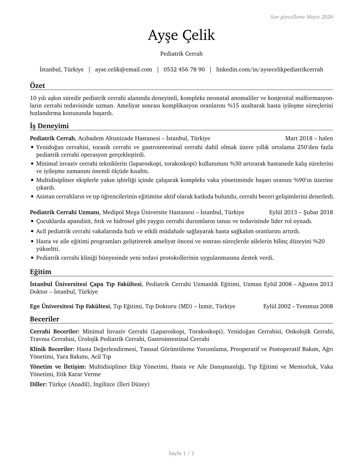 Pediatric Surgeons CV in Turkish — page 1