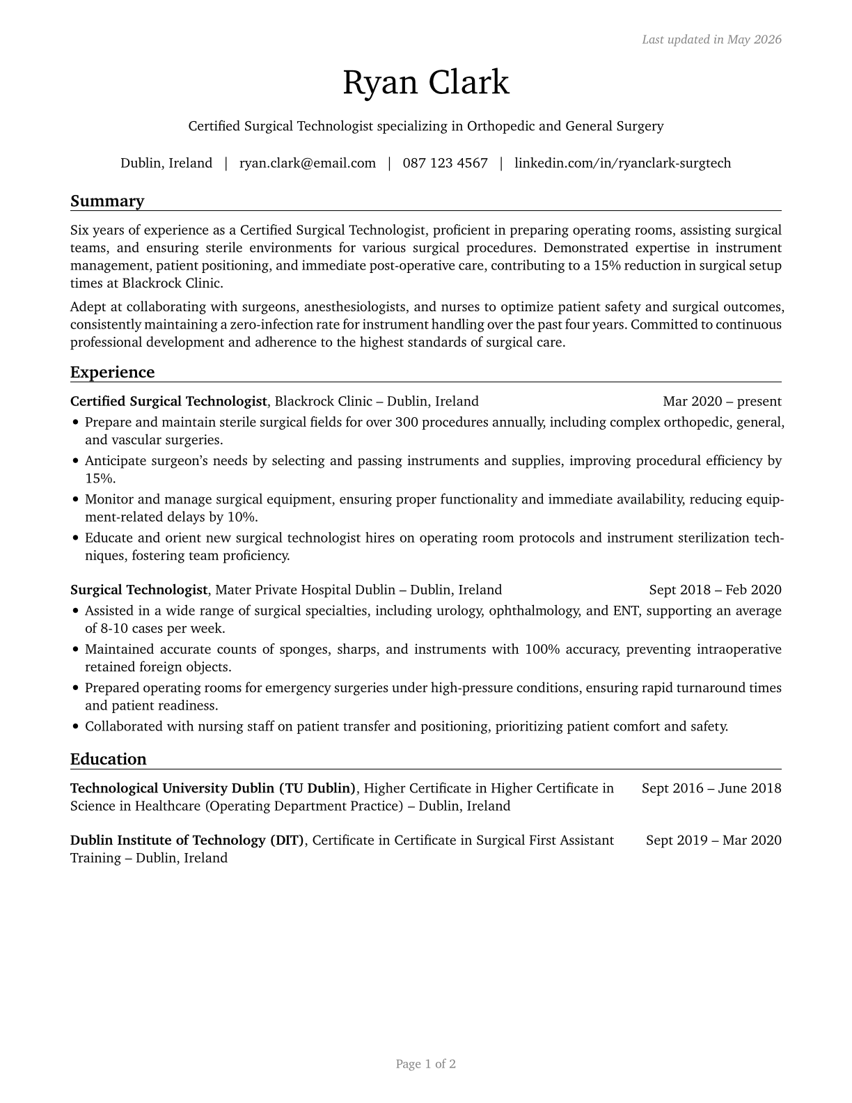 Surgical Technologists CV in English — page 1