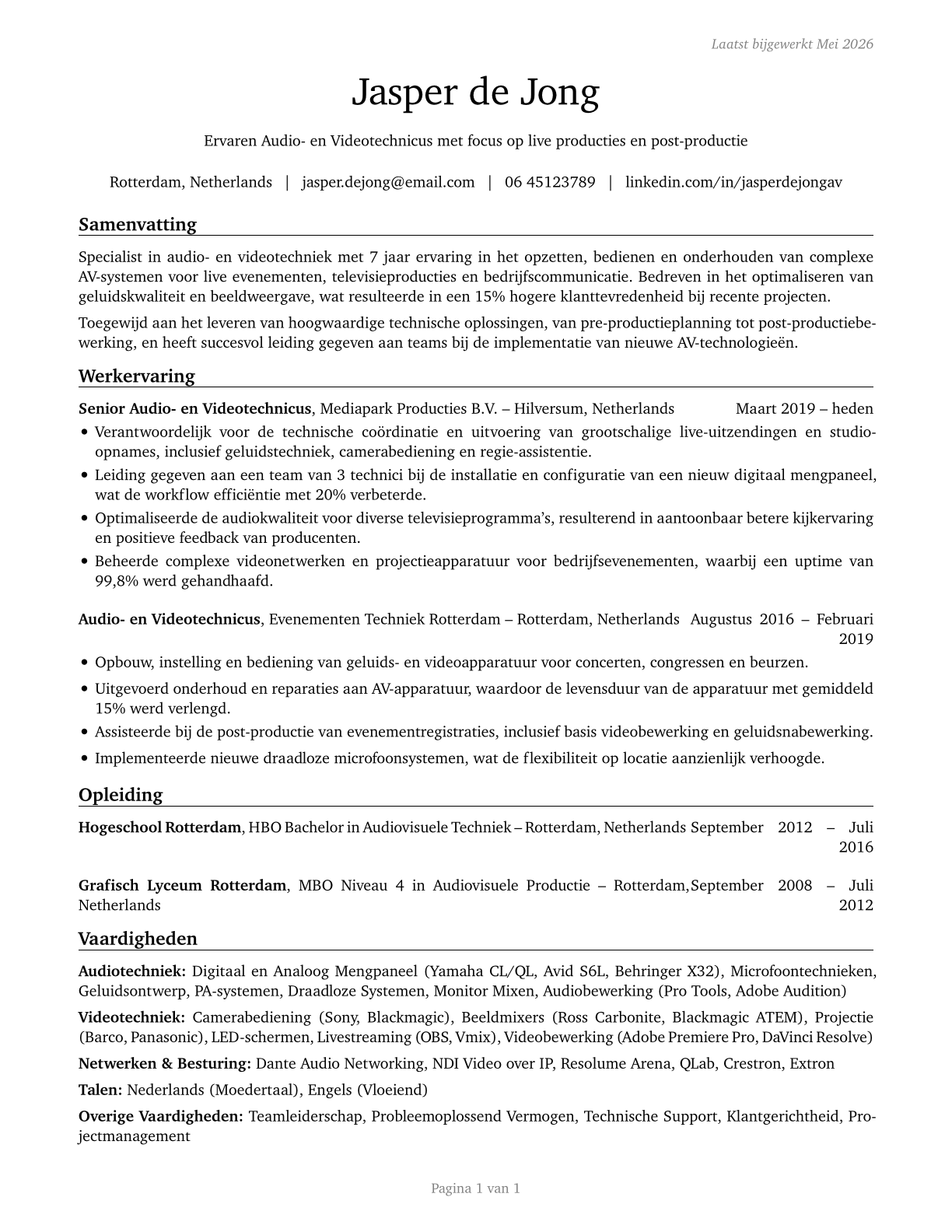 Audio and Video Technicians CV in Dutch — page 1