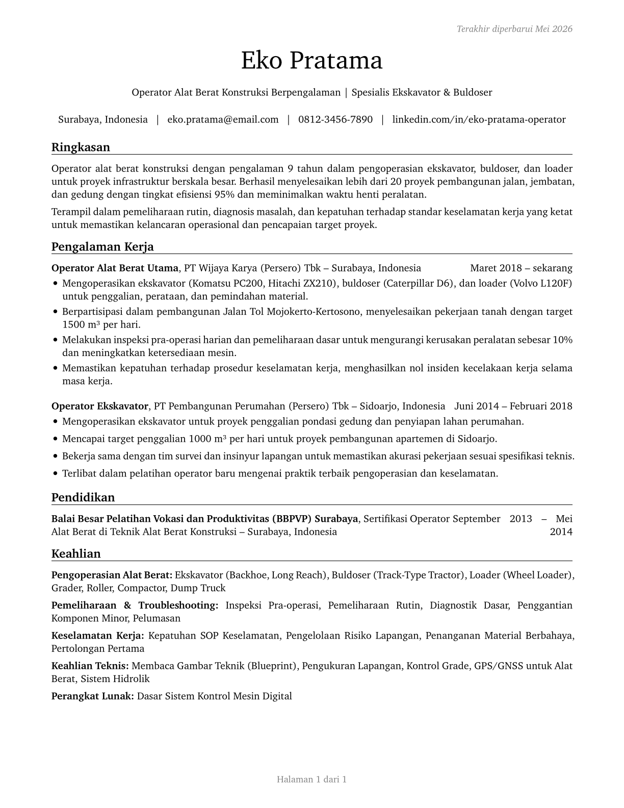 Operating Engineers and Other Construction Equipment Operators CV in Indonesian — page 1