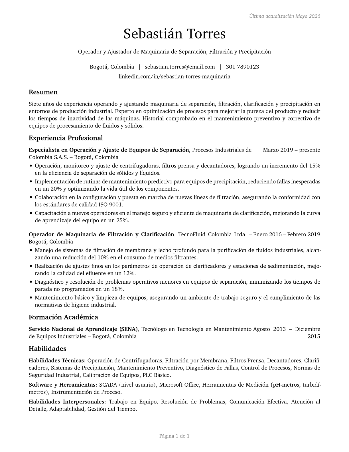 Separating, Filtering, Clarifying, Precipitating, and Still Machine Setters, Operators, and Tenders CV in Spanish — page 1