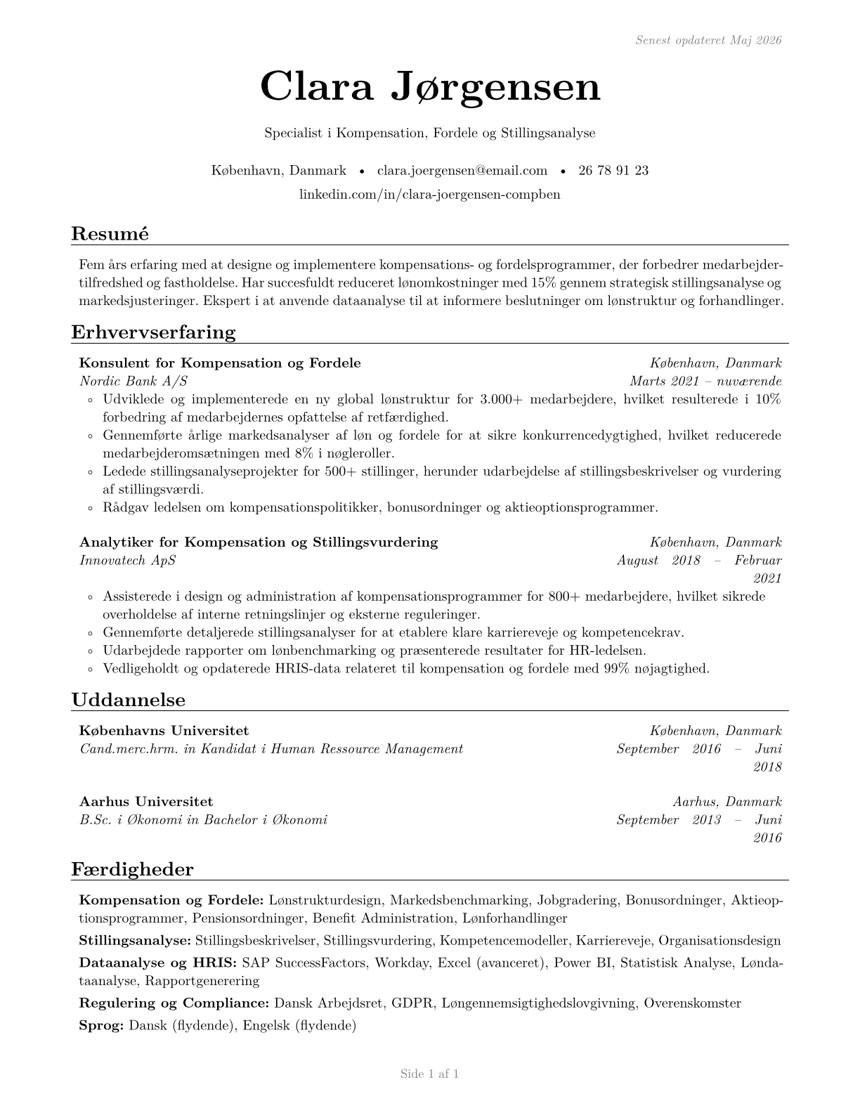 Compensation, Benefits, and Job Analysis Specialists CV in Danish — page 1